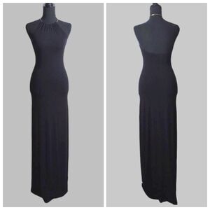 Barila Elegant Black Maxi Dress Side Slit Gold Metal Hoop Halter Neckline XS